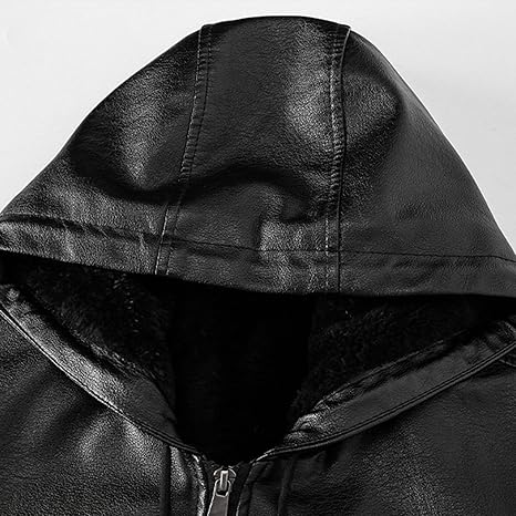 Men's Hooded Faux Leather Jacket Vintage Zip-Up Motorcycle PU